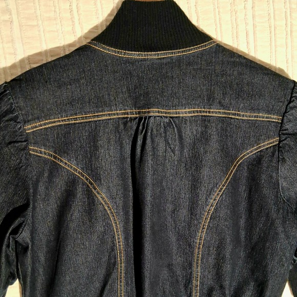 Y2k Denim Cropped Jacket Gold Stitching Ribbed Trim Short Sleeve Moto - Picture 9 of 17